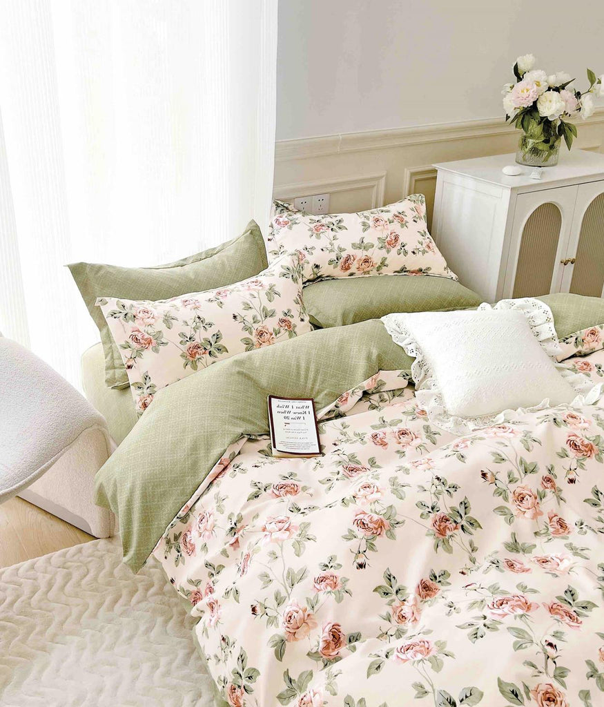 Lenjerii cu Elastic Finet Gros Pat Dublu Alb Verde Floral BFEJ41