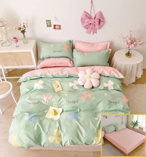 Lenjerii cu Elastic Finet Pucioasa Pat Dublu Verzi Roz Floral BFE244