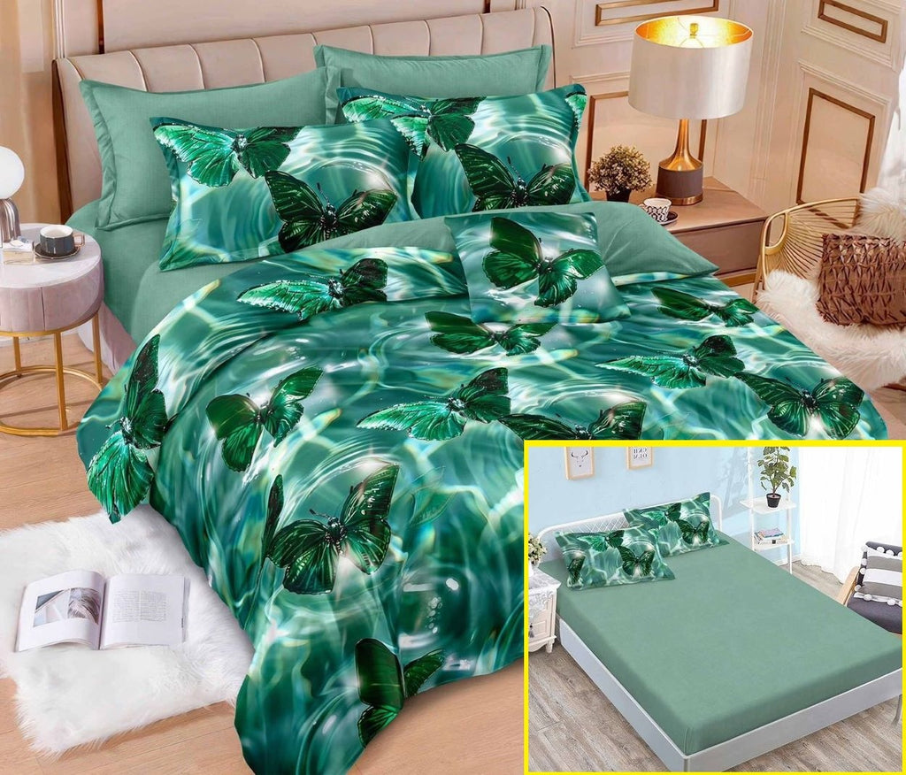 Lenjerii cu Elastic Finet Pucioasa Pat Dublu Verde Fluturi BFE358