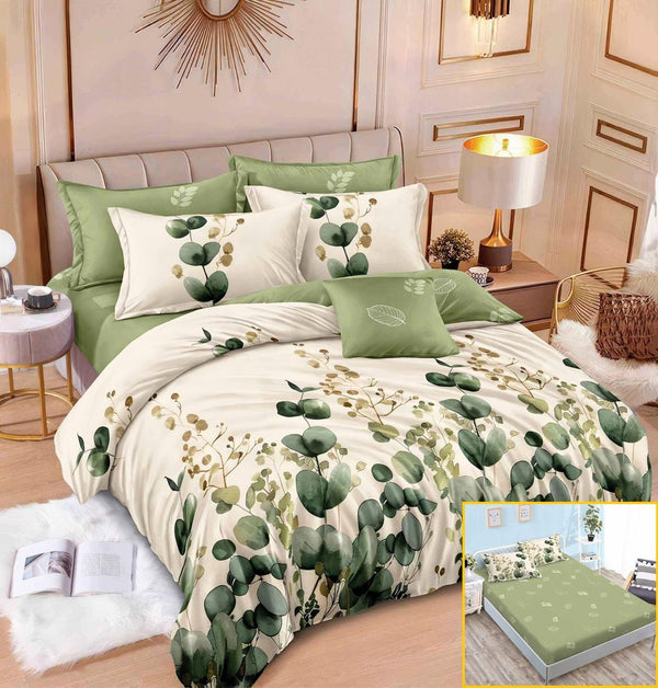 Lenjerii cu Elastic Finet Pucioasa Pat Dublu Verde Crem Frunze BFE302