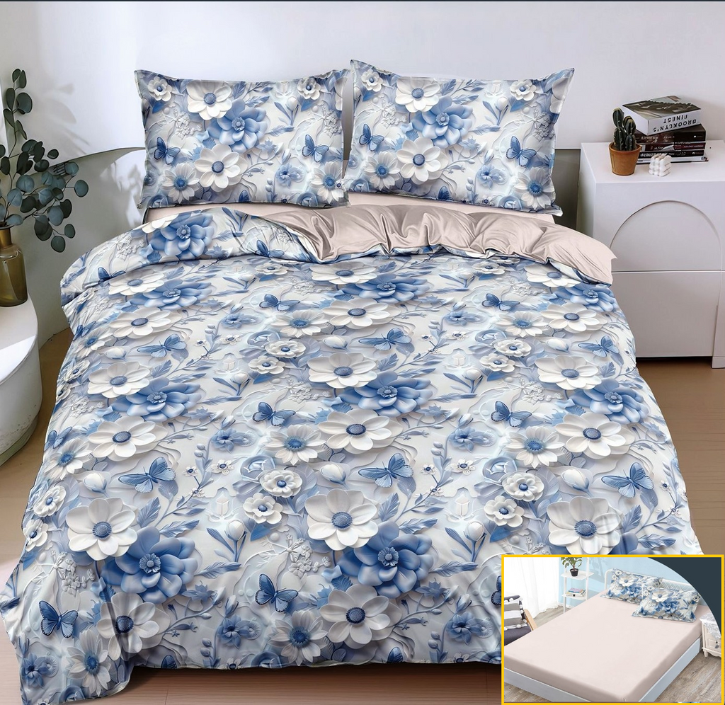 Lenjerie-cu-Elastic-Bumbac-Satinat-Superior-4-Piese-Albastru-Crem-Floricele-LE150