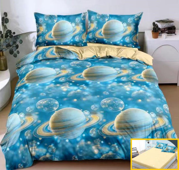 lenjerii bumbac satinat cu elastic 1+1 gratis albastru galben planete