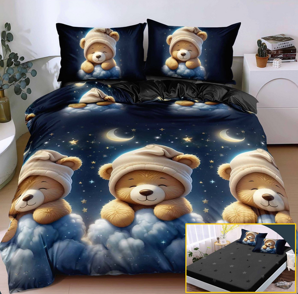 Lenjerie-cu-Elastic-Bumbac-Satinat-Superior-4-Piese-Albastru-Maro-Ursuleti-LE166