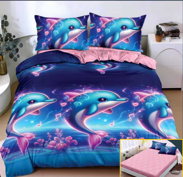 Lenjerie-cu-Elastic-Bumbac-Satinat-Superior-4-Piese-Albastru-Roz-Delfin-LE153