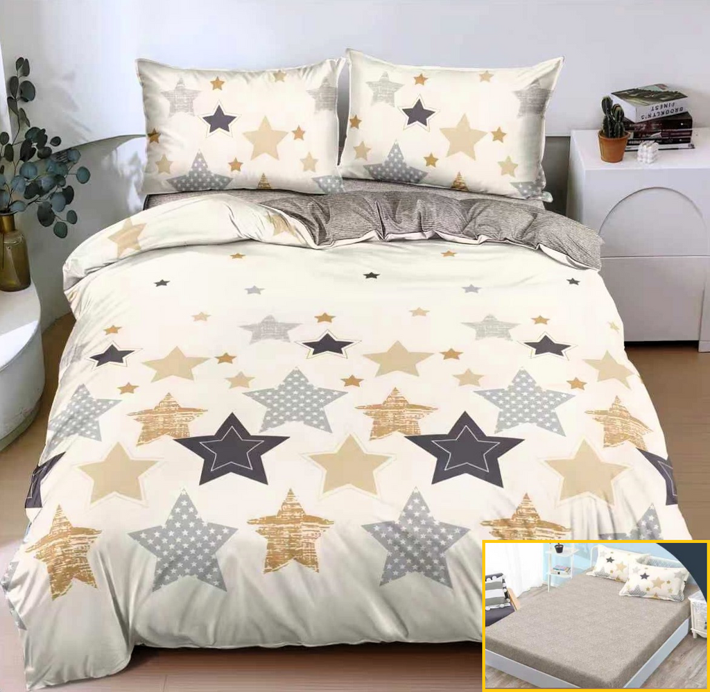 Lenjerie-cu-Elastic-Bumbac-Satinat-Superior-4-Piese-Crem-Galben-Stelute-LE164