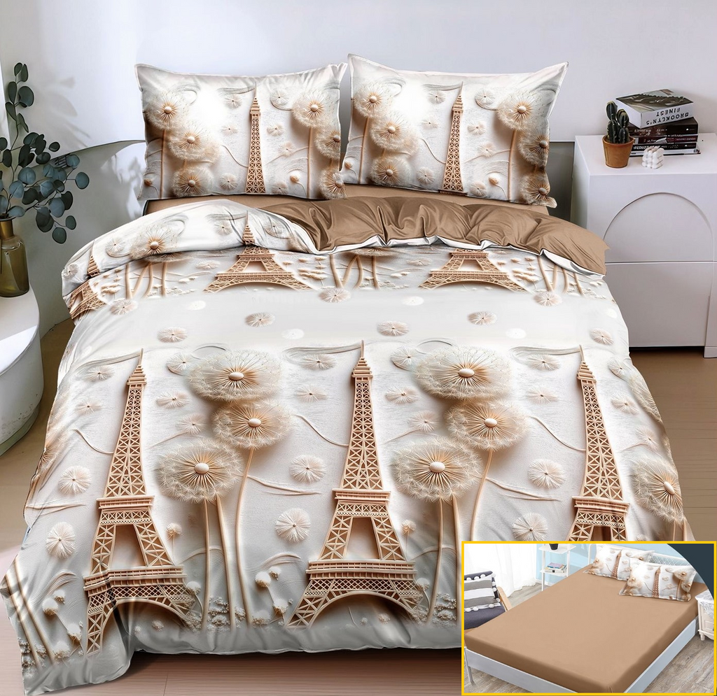 Lenjerie-cu-Elastic-Bumbac-Satinat-Superior-4-Piese-Crem-Maro-Turnul-Eiffel-LE158