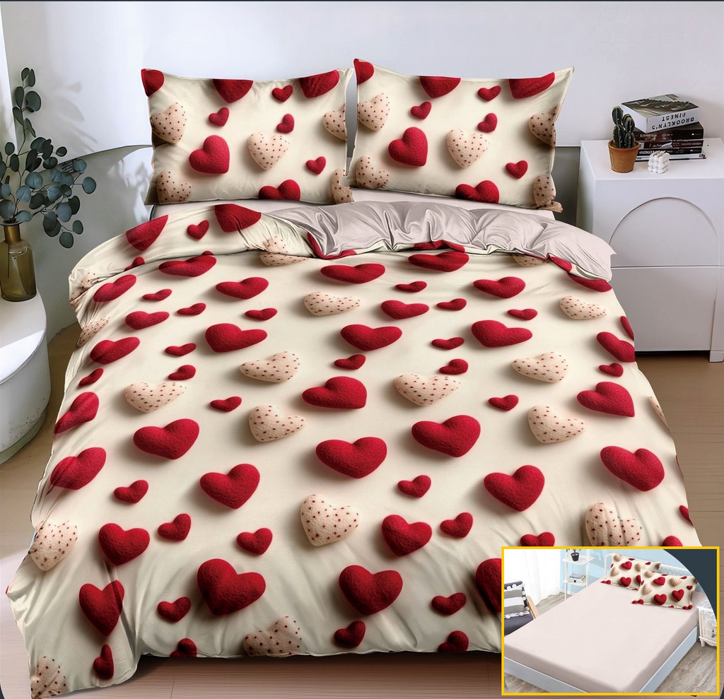 Lenjerie-cu-Elastic-Bumbac-Satinat-Superior-4-Piese-Crem-Rosu-Inimioare-LE152