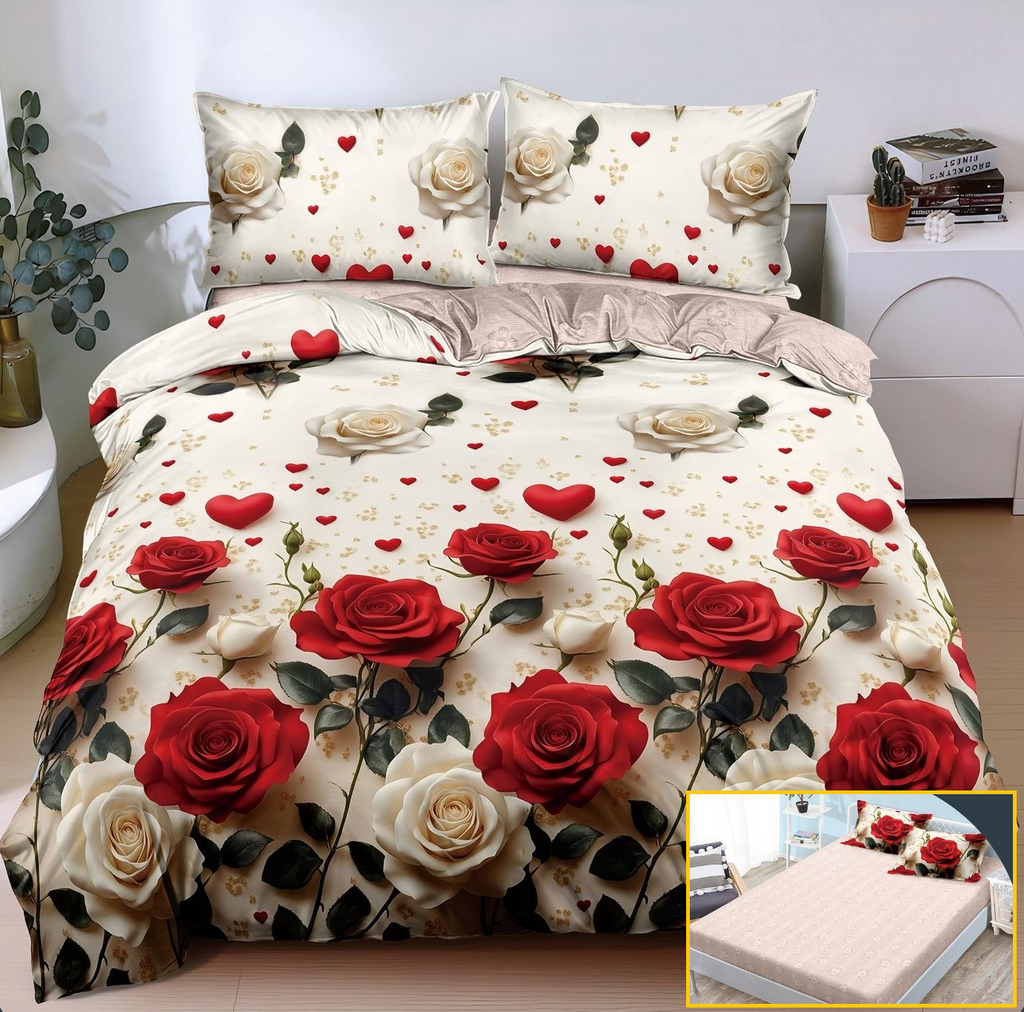 Lenjerie-cu-Elastic-Bumbac-Satinat-Superior-4-Piese-Crem-Rosu-LE160