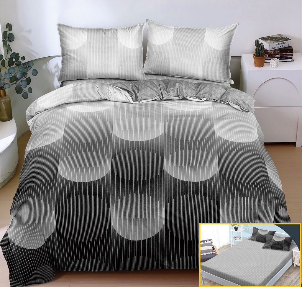 Lenjerie-cu-Elastic-Bumbac-Satinat-Superior-4-Piese-Gri-Alb-Abstract-LE161