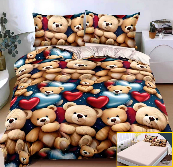 Lenjerie-cu-Elastic-Bumbac-Satinat-Superior-4-Piese-Maro-Albastru-Ursuleti-LE154