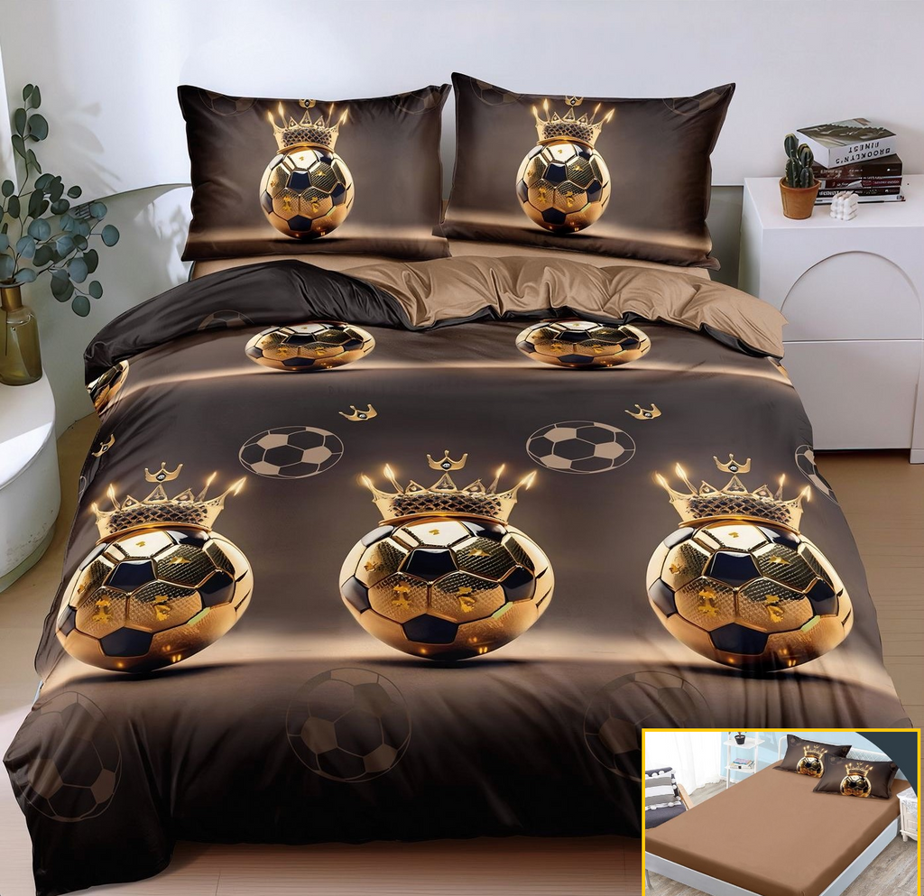 Lenjerie-cu-Elastic-Bumbac-Satinat-Superior-4-Piese-Maro-Fotbal-LE156