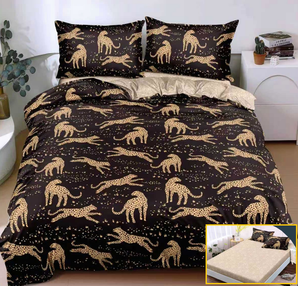 Lenjerie-cu-Elastic-Bumbac-Satinat-Superior-4-Piese-Maro-Leopard-LE149