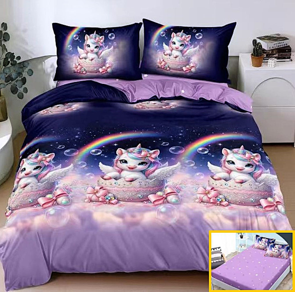 lenjerii bumbac satinat cu elastic 1+1 ratis roz mov unicorni