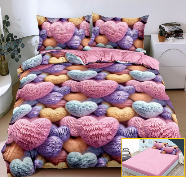 Lenjerie-cu-Elastic-Bumbac-Satinat-Superior-4-Piese-Roz-Mov-Inimioare-LE162