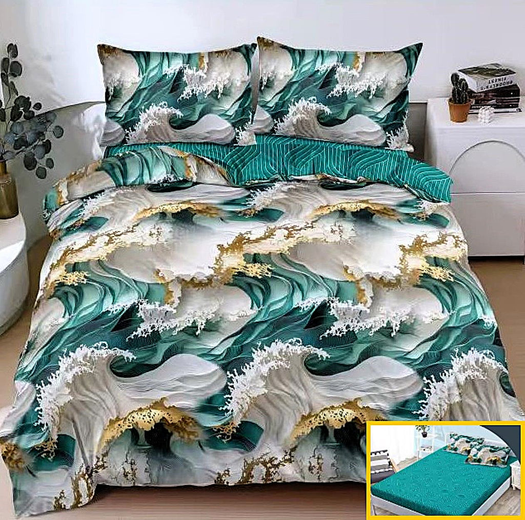 lenjerii bumbac satinat cu elastic 1+1 gratis verde alb valuri 