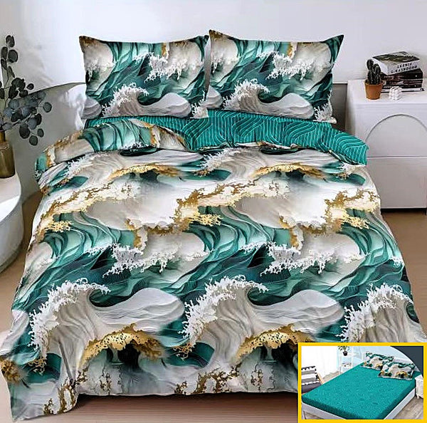 lenjerii bumbac satinat cu elastic 1+1 gratis verde alb valuri 