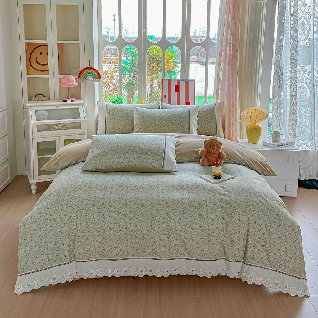 Lenjerii Bumbac 100% Premium cu Elastic Pat Dublu 4 Piese Verde Floral BB14
