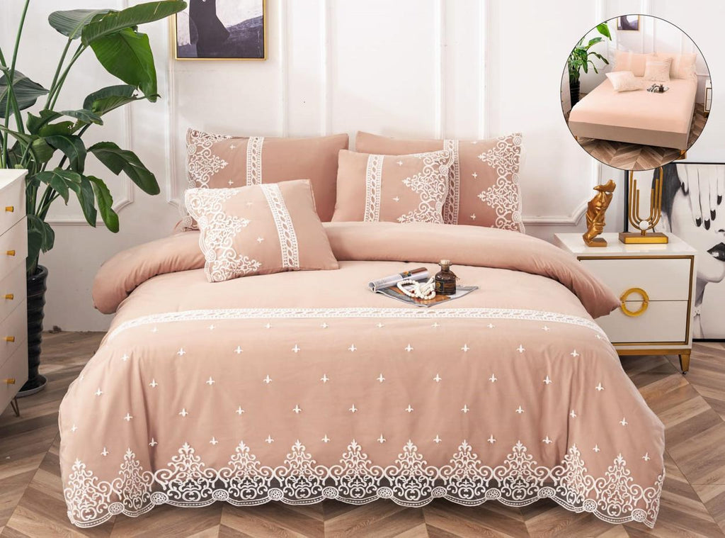 Lenjerii cu Elastic Bumbac Pat Dublu Bej Elegant  BFA100