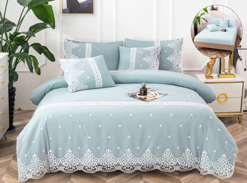 Lenjerii cu Elastic Bumbac Pat Dublu Albastru Elegant BFA101