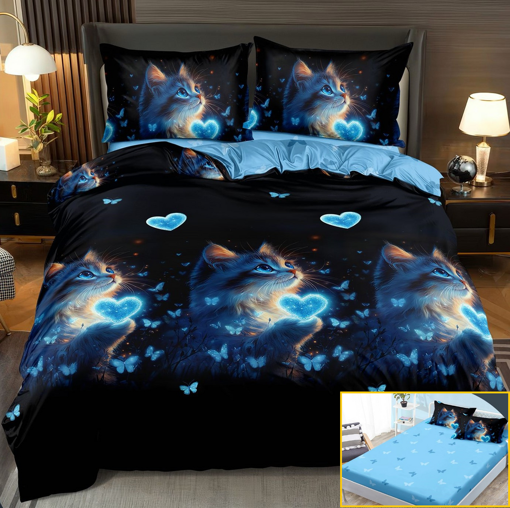 Lenjerie-cu_ELASTIC_Bumbac_Satinat_superior_4Piese_PatDublu_Albastru_Pisica_Cod_LE173