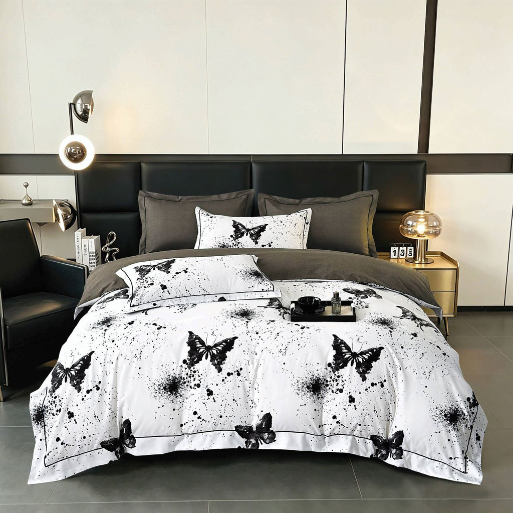 Lenjerii de lux cu Elastic Bumbac Finet Alb Negru Fluturi BFEJ633