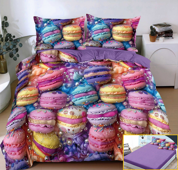 Lenjerie_cu_ELASTIC_Bumbac_Satinat_Superior_4Piese_PatDublu_Multicolor_Macarons_Cod_LE168