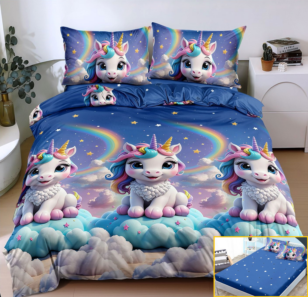 Lenjerie_cu_ELASTIC_Bumbac_Satinat_Superior_4Piese_PatDublu_Albastru_Unicorni_Cod_LE172