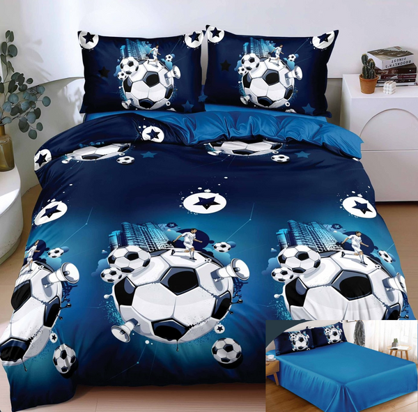 Lenjerii 1+1 gratis bumbac satinat pucioasa albastru alb mingie fotbal L695