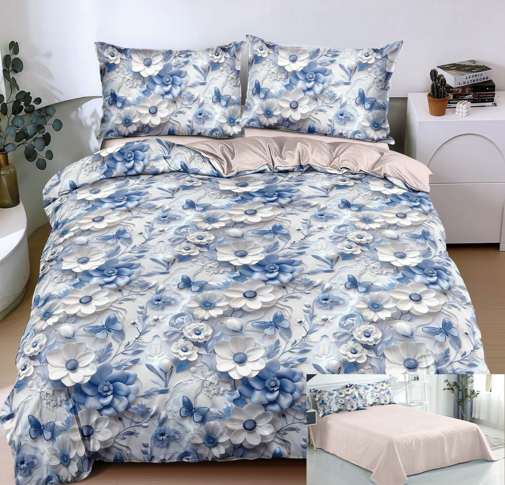 lenjerii 1+1 gratis bumbac satinat pucioasa albastru crem floricele L693