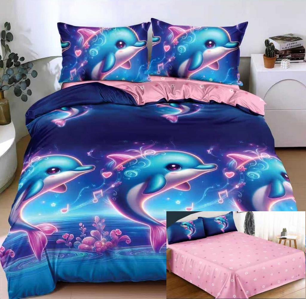 Lenjerii 1+1 Gratis Bumbac Satinat Pucioasa Albastru Roz Delfin  L696