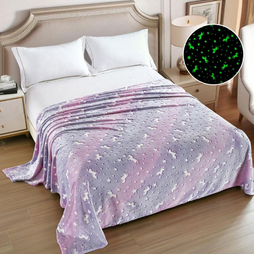 Paturi Pufoase Fosforescente Pat Dublu Lila Unicorni Stele PCD108