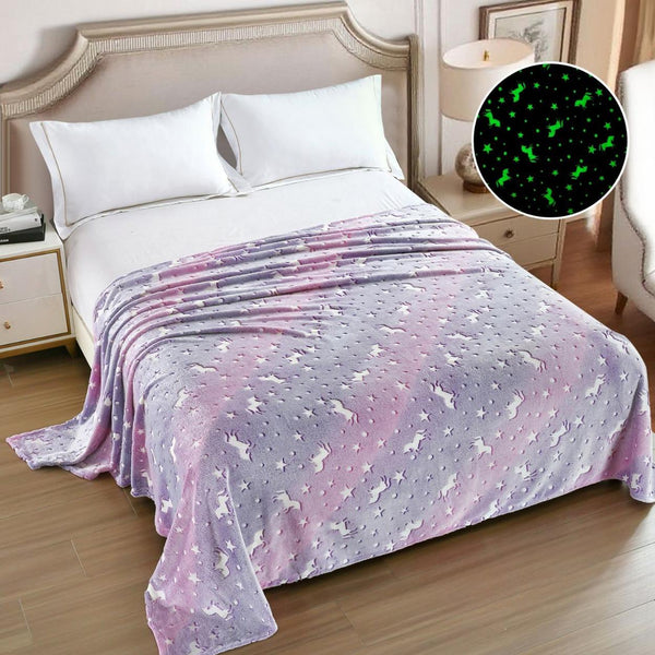 Paturi Pufoase Fosforescente Pat Dublu Lila Unicorni Stele PCD108