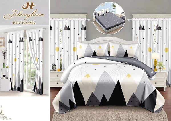 Seturi Lenjerii Pat O Persoana si Draperii Bumbac Finet Albe Gri Forme Geometrice SPE26