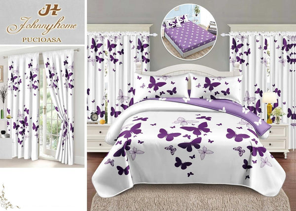 Seturi Lenjerii Pat O Persoana si Draperii Bumbac Finet Albe Mov Fluturasi SPE02