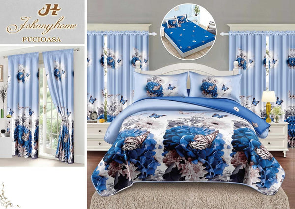 Seturi Lenjerii Pat O Persoana si Draperii Bumbac Finet Albastre Floral SPE24