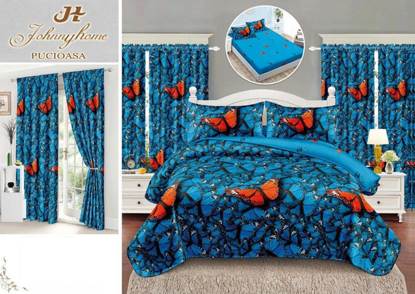 Seturi Lenjerii Pat O Persoana si Draperii Bumbac Finet Albastre Fluturasi SPE22