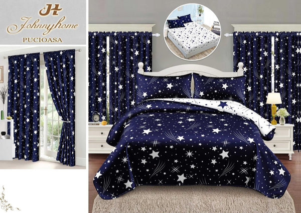 Seturi Lenjerii Pat O Persoana si Draperii Bumbac Finet Albastre Stelute SPE07