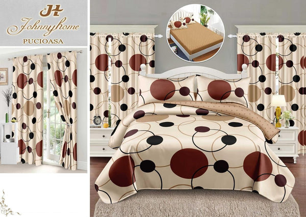 Seturi Lenjerii Pat O Persoana si Draperii Bumbac Finet Bej Cercuri SPE08