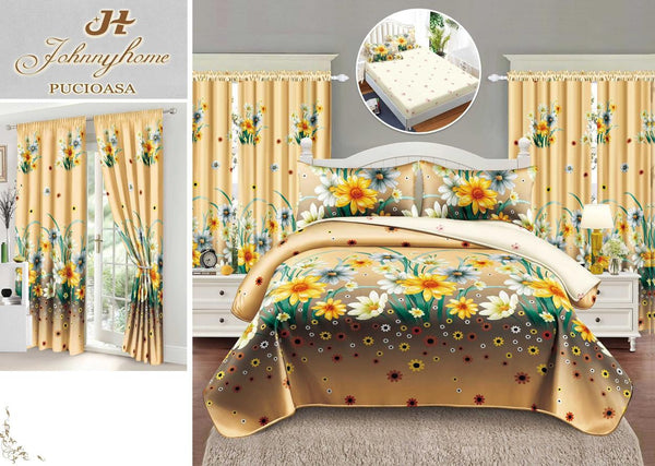 Seturi Lenjerii Pat O Persoana si Draperii Bumbac Finet Galbene Floral SPE18