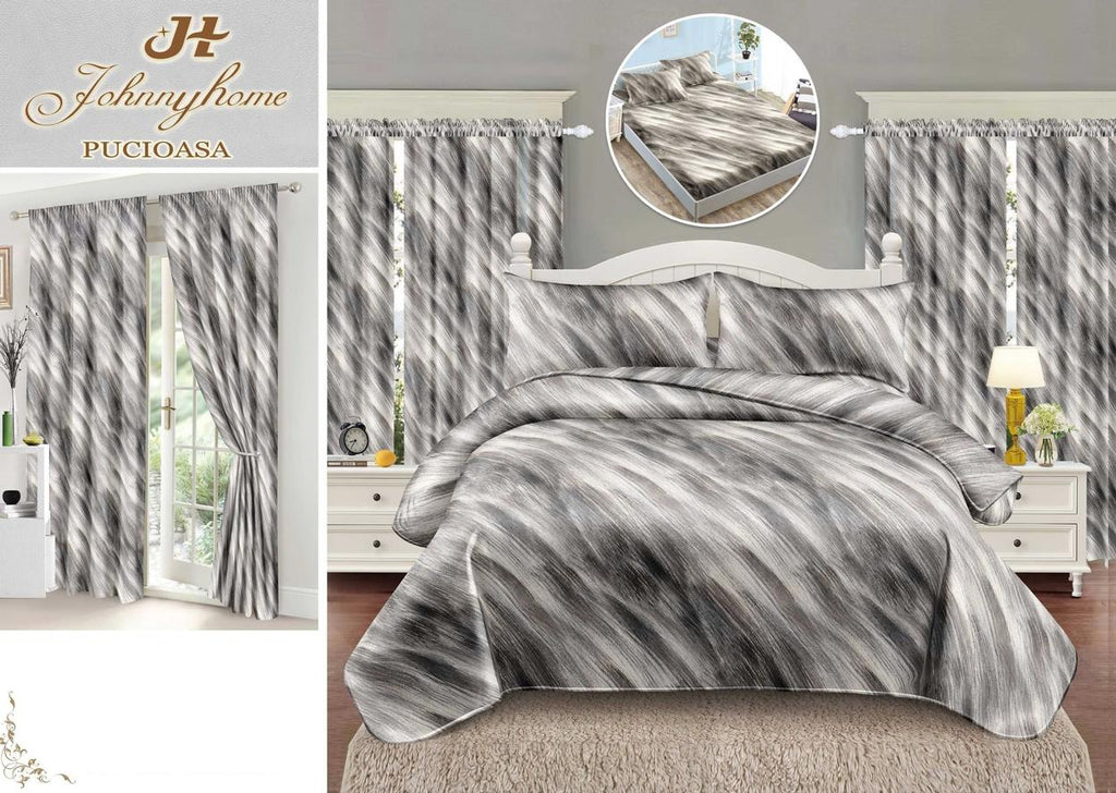 Seturi Lenjerii Pat O Persoana si Draperii Bumbac Finet Gri Abstract SPE23