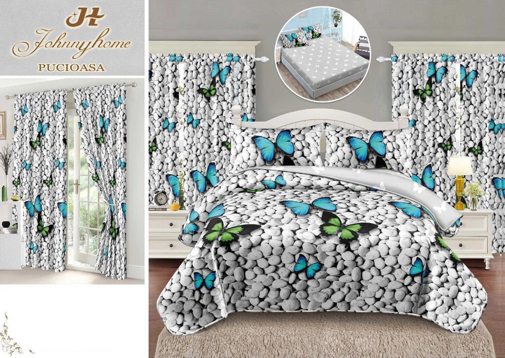 Seturi Lenjerii Pat O Persoana si Draperii Bumbac Finet Gri Pietre Fluturasi SPE14