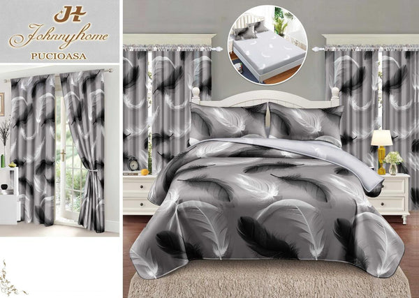 Seturi Lenjerii Pat O Persoana si Draperii Bumbac Finet Gri Pene SPE09