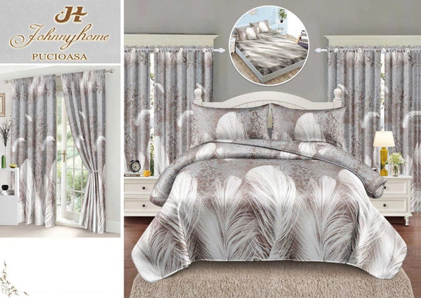 Seturi Lenjerii Pat O Persoana si Draperii Bumbac Finet Gri Pene SPE21