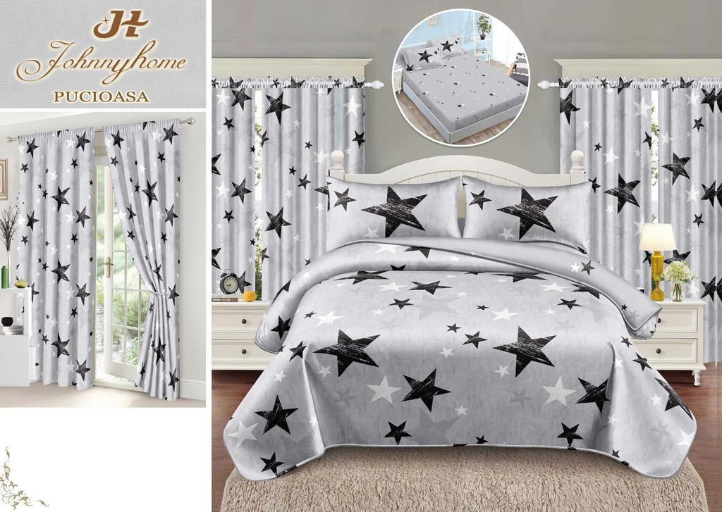 Seturi Lenjerii Pat O Persoana si Draperii Bumbac Finet Gri Stelute SPE10