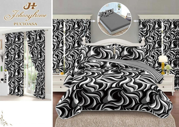 Seturi Lenjerii Pat O Persoana si Draperii Bumbac Finet Alb Negru Abstract SPE15