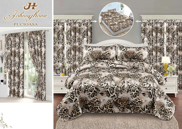 Seturi Lenjerii Pat O Persoana si Draperii Bumbac Finet Bej Leopard SPE20