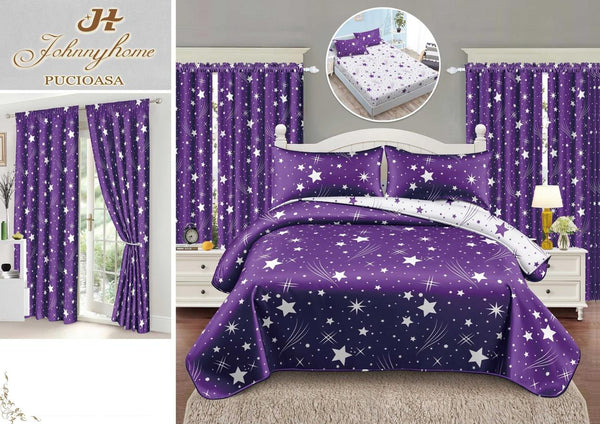 Seturi Lenjerii Pat O Persoana si Draperii Bumbac Finet Mov Stelute SPE17