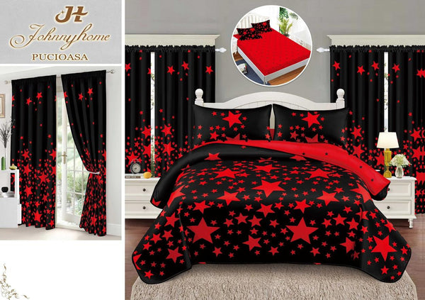 Seturi Lenjerii Pat O Persoana si Draperii Bumbac Finet Negre Stelute Rosii SPE16