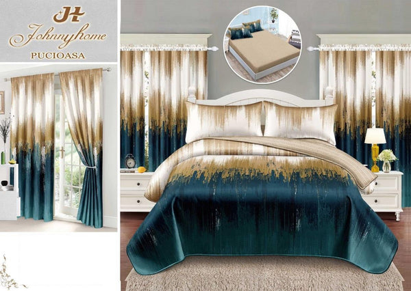 Seturi Lenjerii Pat O Persoana si Draperii Bumbac Finet Bej Verde Abstract SPE25