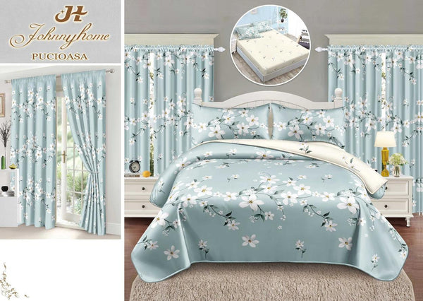 Seturi Lenjerii Pat O Persoana si Draperii Bumbac Finet Verde Deschis Floral SPE11